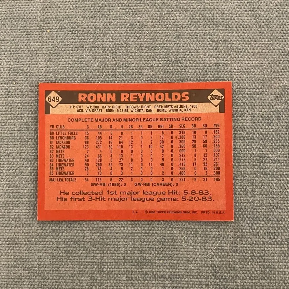 1986 Topps New York Mets Baseball Card Trading Card